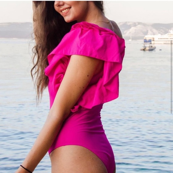 Zara NWOT one shoulder voluminous ruffle one piece swimsuit -hot pink fuchsia - Picture 2 of 8